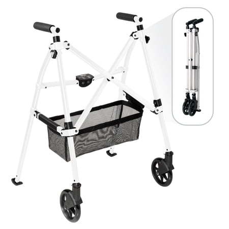 Stander Wonder Walker Plus, Lightweight Folding Rolling Walker for Seniors, Collapsible Travel EZ Fold-N-Go Walker with Wheels, Glides, & Pouch, Compact Standard Walker, Vivid White
