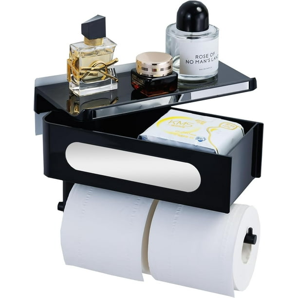 Portarrollos de papel higiénico con estante, dispensador de toallitas y almacenamiento, portarrollos de papel higiénico negro para montaje en pared de baño, soporte para pañuelos de doble