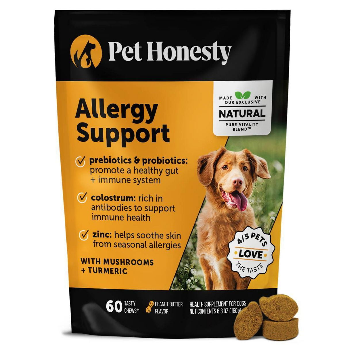 Pet Honesty Allergy Support 60 Count Peanut Butter Flavor Dog Chews with Colostrum & Turmeric for Itchy Skin, Immune & Allergy Relief