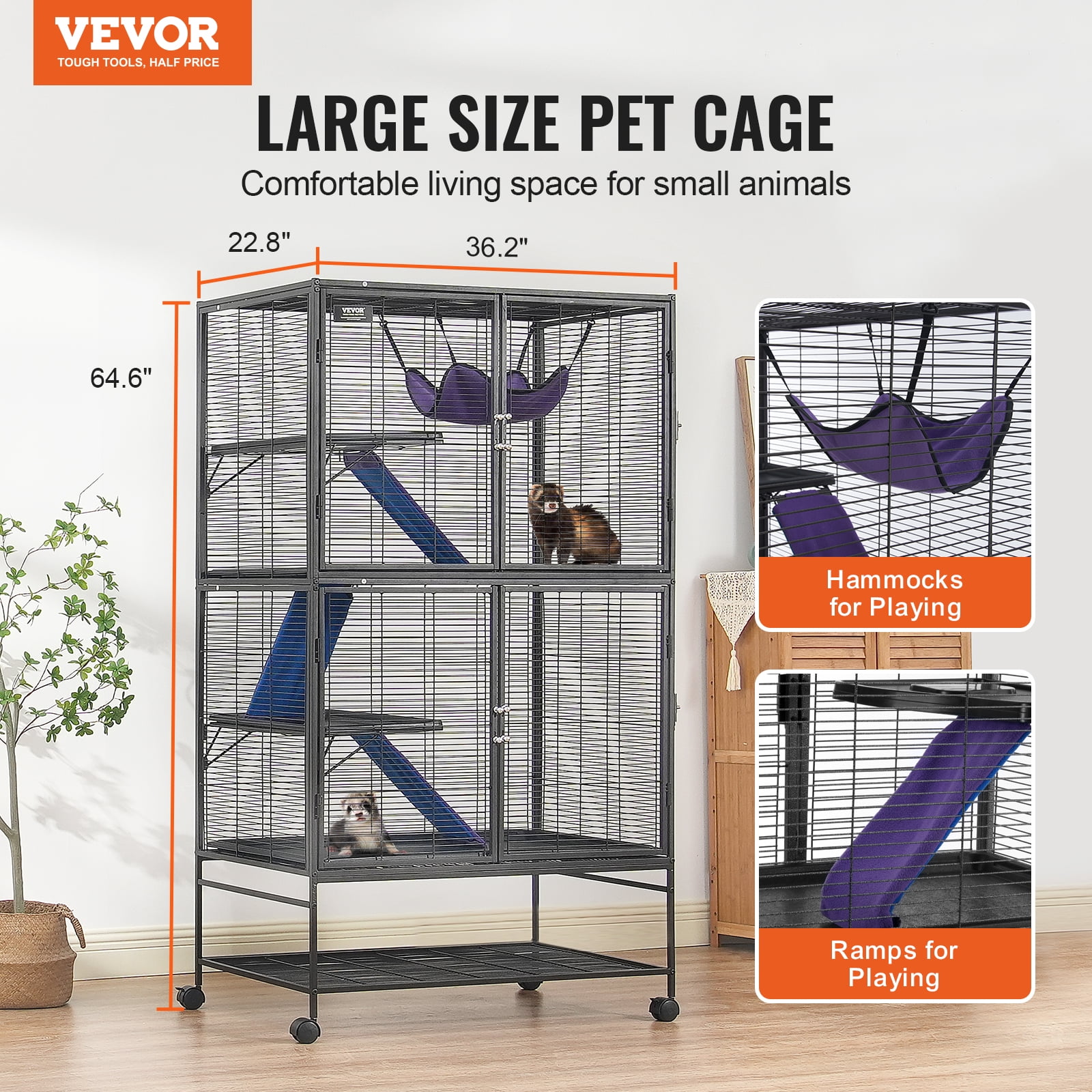 VEVOR 64.6" Rolling Metal Ferret Cage, Large 4-Tier Small Animal Cage with Ramps & Tray, Easy to Set up for Pet Rats, Hamster, Guinea Pig, Chinchilla, Squirrel, Hedgehogs, Bunny