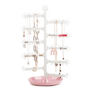 10-Tier 15" 360° Jewelry Organizer | Earring Necklace Bracelet Ring | Display Holder with Dish | 100-Hole Tree Stand (Pink)