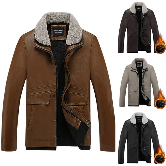 Hinvhai Men’s Faux Fur Leather Jacket Autumn Winter Fleece Lined Coat Vintage Bomber Jacket Yellow 8(XL)