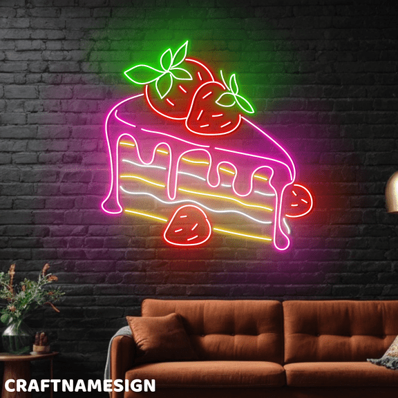 Craftnamesign Strawberry Cake Neon Sign, Cake Store Wall Art, Dessert Wall Sign