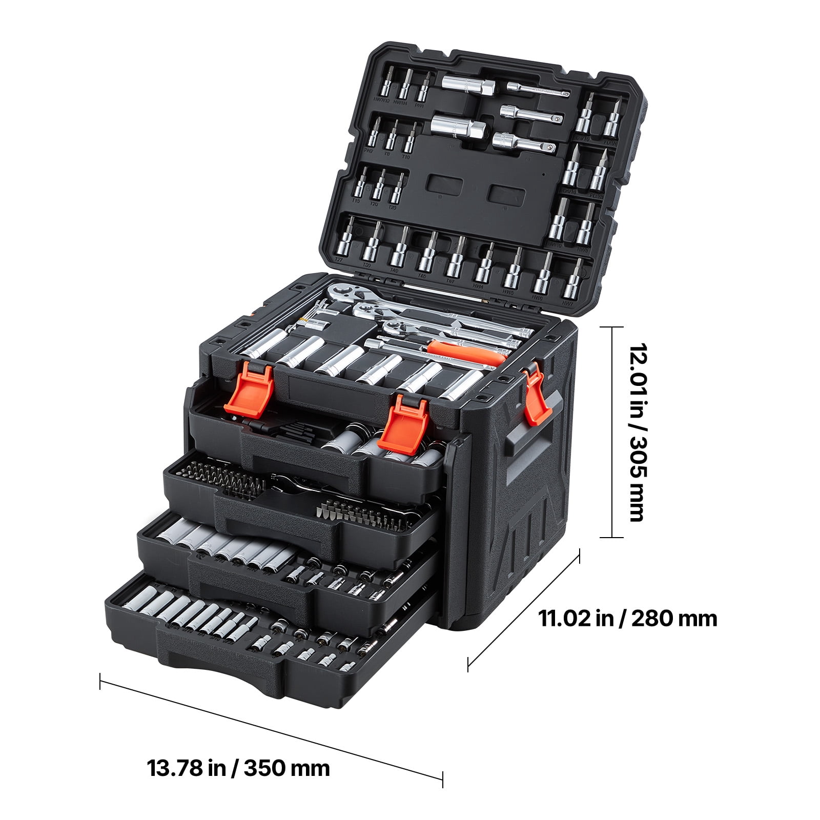 VEVOR Mechanics Tool Set, 297-Piece Mechanic Tool Kit, 1/4 in, 3/8 in, and 1/2 in Drive, SAE and Metric Socket Set, Wrenches, Screwdriver Bits, Accessories, and Storage Case, for Automotive Repair