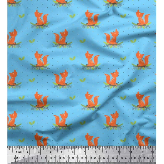 Soimoi Blue Cotton Voile Fabric Tribal Fox & Dots Print Fabric by the Yard 42 Inch Wide