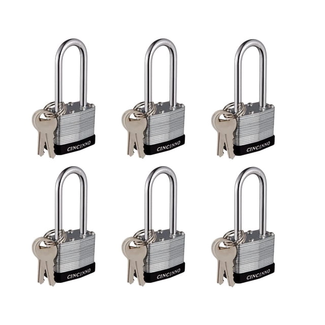 CINCINNO Laminated Steel Padlock with Key?6 Pack Keyed Alike Padlocks with Long Shackle