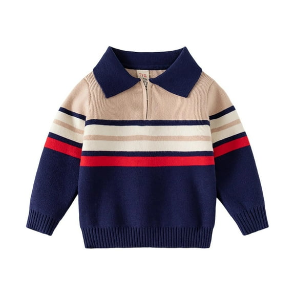 Boys Striped Knit Sweater 1-8Y Thermal Lined Collar Top | Half-Zip Quarter Button Coarse Needle Fleece