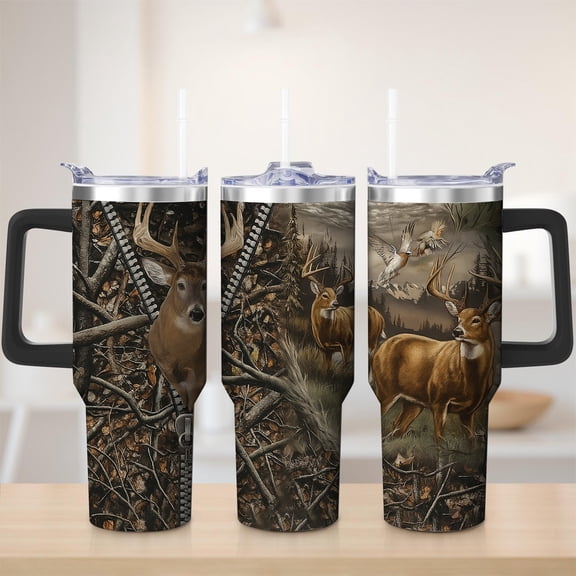 Hunting Wildlife Deer Camouflage Stainless Steel Insulated Mug with Lid and Handle, 30oz