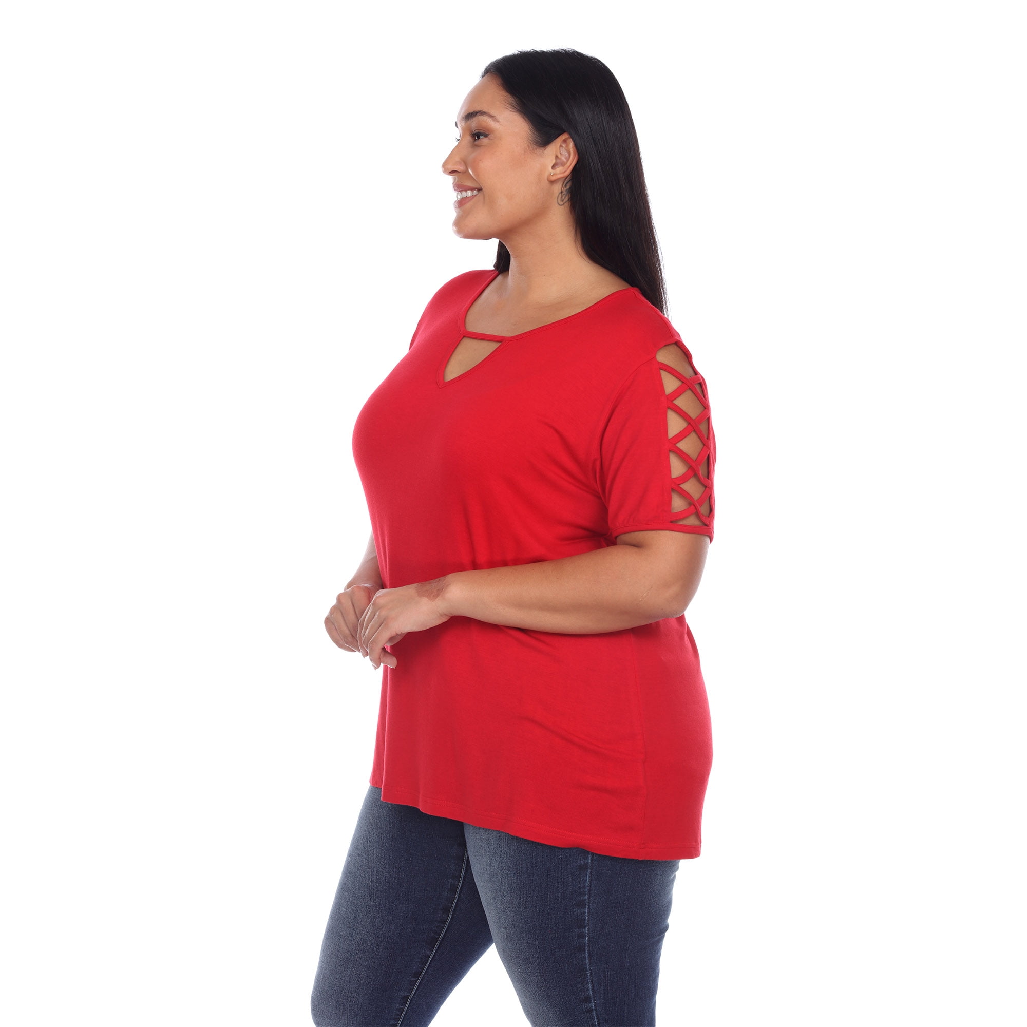 White Mark Women's Plus Size Keyhole Neck Short Crisscross Sleeve Shirt Top