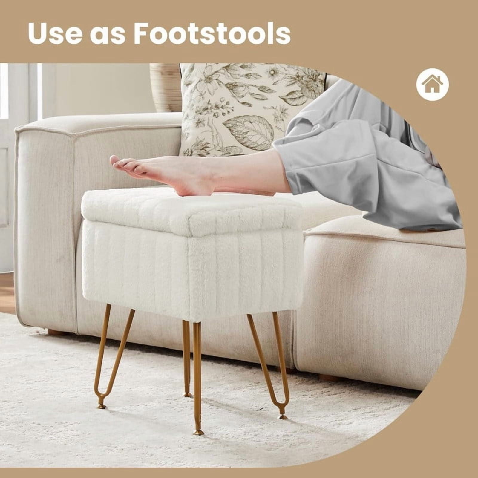 Kelno Vanity Stool Chair Faux Fur Padded Seat Ottoman with Hidden Storage Metal Legs with Anti-Slip Feet,White