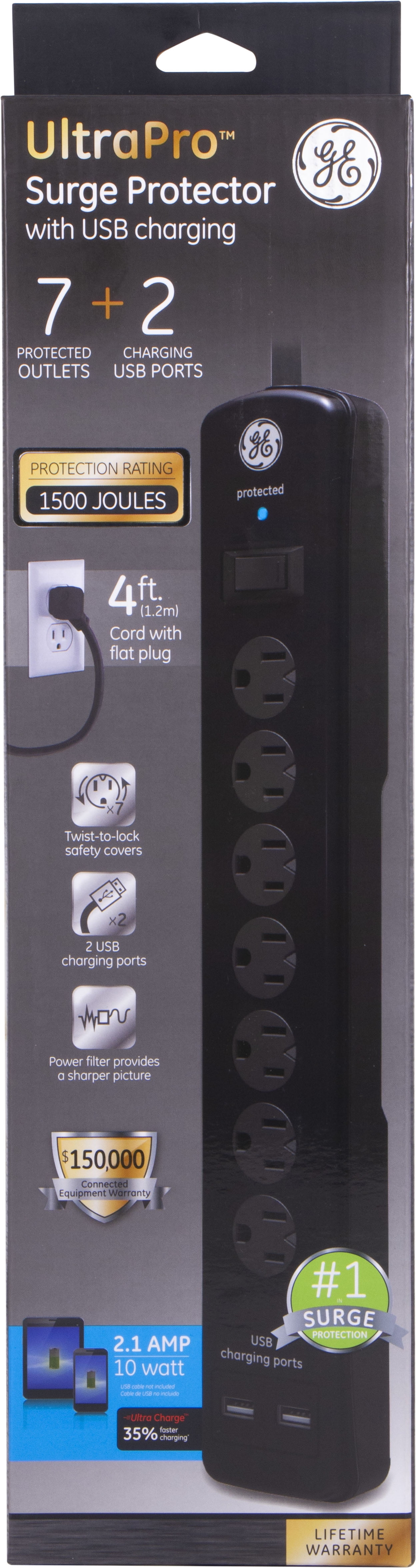GE UltraPro Grounded 7-Outlet 2-USB Port Power Strip Surge Protector, 4 ft,  Black, 40482 - Walmart.com