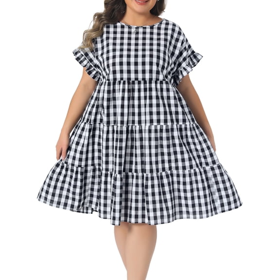 DARING DIVA Women's Plus Gingham 1950s Plaid Round Neck Dress 1X Black