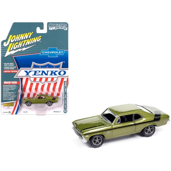 1970 Chevrolet Nova Yenko Deuce Citrus Green Metallic with Black Stripes 1/64 Diecast Model Car by Johnny Lightning
