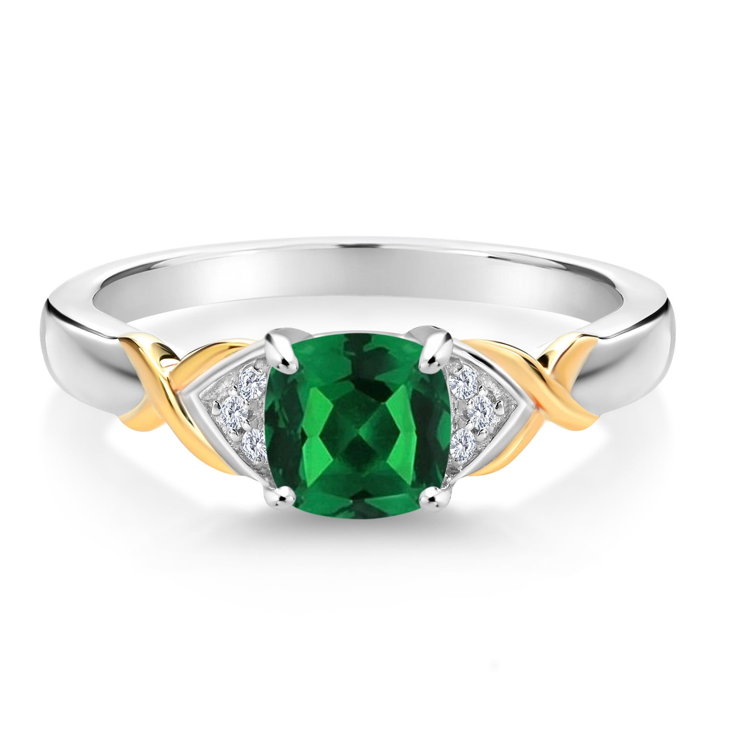 Gem Stone King 925 Sterling Silver and 10K Yellow Gold Cushion Green Nano Emerald and White Lab Grown Diamond Engagement Ring for Women (1.03 Cttw, Available in Size 5, 6, 7, 8, 9)