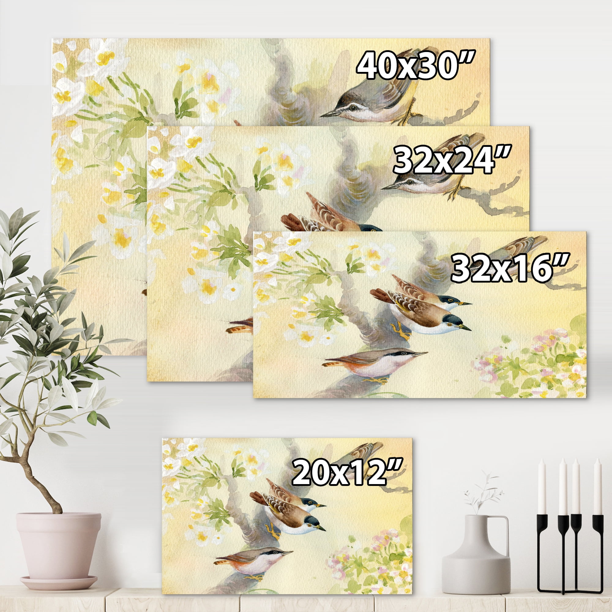 Designart ' Birds Sitting On A Blossoming Apple Tree ' Traditional Canvas Wall Art Print