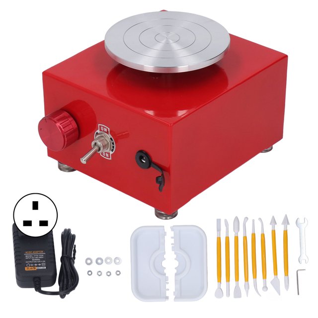 Mini torno de alfarería para niños con recipiente para agua desmontable Llave hexagonal 2000 RPM Rueda de alfarero de velocidad ajustable eléctrica 100‑240V Enchufe rojo del Reino Unido