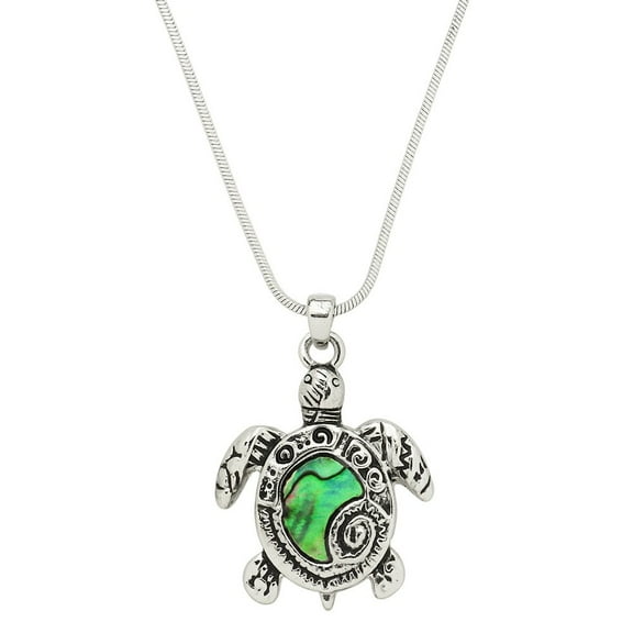 Sea Turtle Pendant Necklace Abalone Shell Rhodium Plated 17 Inch Snake Chain J1024