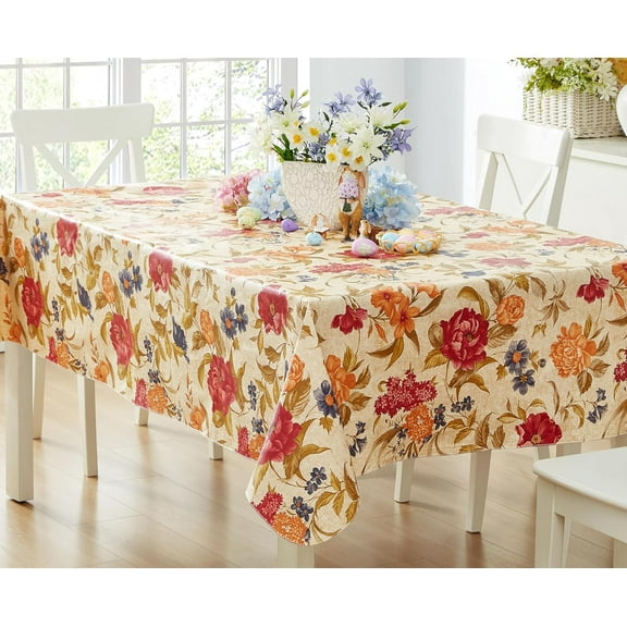 Multicolor Floral Indoor Outdoor Vinyl Tablecloth with Flannel Backing, Traditional Tapestry Flower Wipe Clean Vinyl Flannel Backed Tablecloth, 60” x 102” Oblong/Rectangle