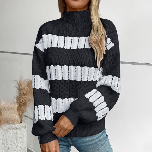 Chandails pour Femmes, Chandail Décontracté pour Femme à Col Montant Mi-Haut à Manches Longues, Haut Rayé en Tricot, Cadeaux pour Femmes, m