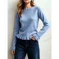 thumbnail image 5 of Women'S Solid Crew Neck Ruffle Hem Long Sleeve Knit Sweater Blue S, 5 of 8