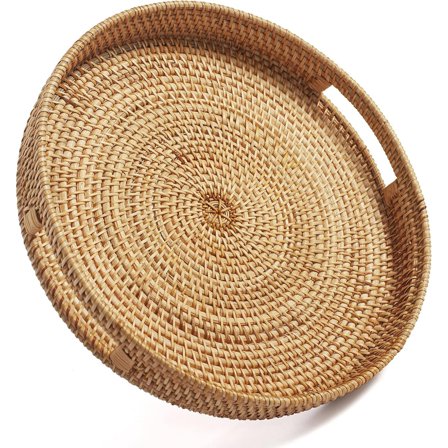 Mictong round rattan tray, household woven tray with handle, round dining table tray, suitable for home and kitchen decoration, brown, 1 piece