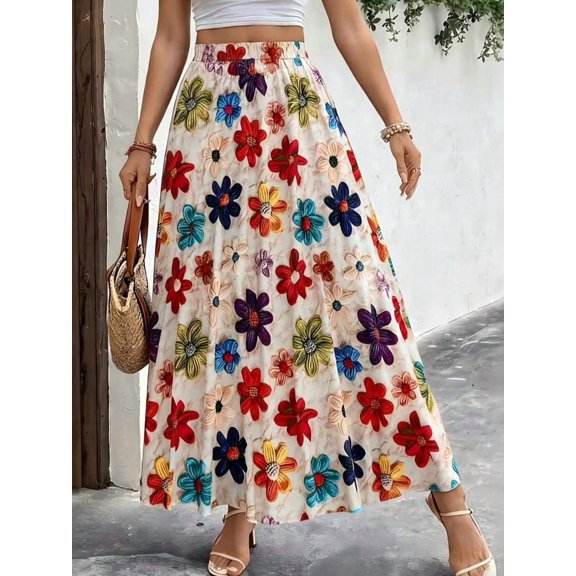 Women Mid Length Skirt with Elegant Random Digital Floral Print, Stretch Elastic Waist, Wearable Spring Summer Autumn, Figure-Flattering for All Ages, for Commute Dating Party Beach Vacation