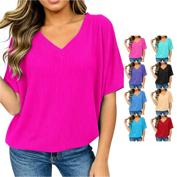 Tanghaowl Womens T Shirts, Class Women's T-Shirts V-Neck Summer Casual Loose Solid Color Bat Wing Shirt Soft Ribbed Short Sleeve Basic Hot Pink XXXXXL