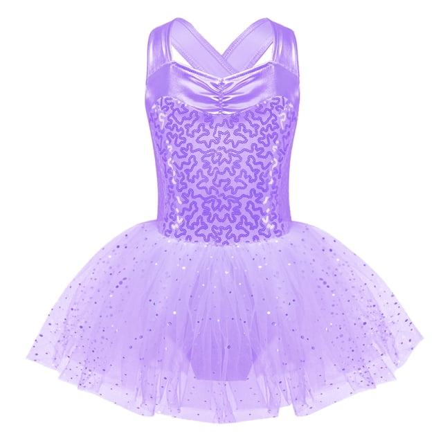 Jowowha Robe Tutu Sans Manches à Sequins pour Filles, Jupe de Danse Gymnastique Violette 14