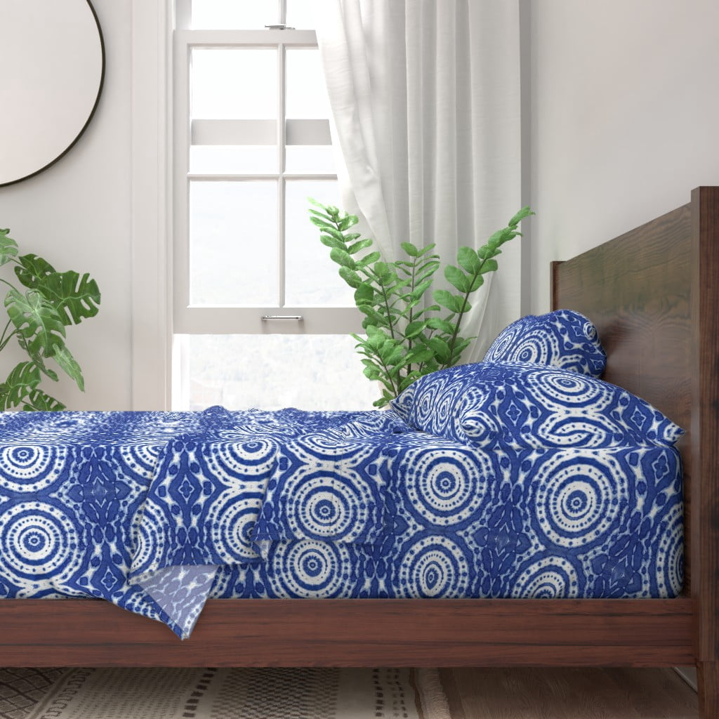 Tie Dye Indigo Shibori Floral Circles 100 Cotton Sateen Sheet Set by