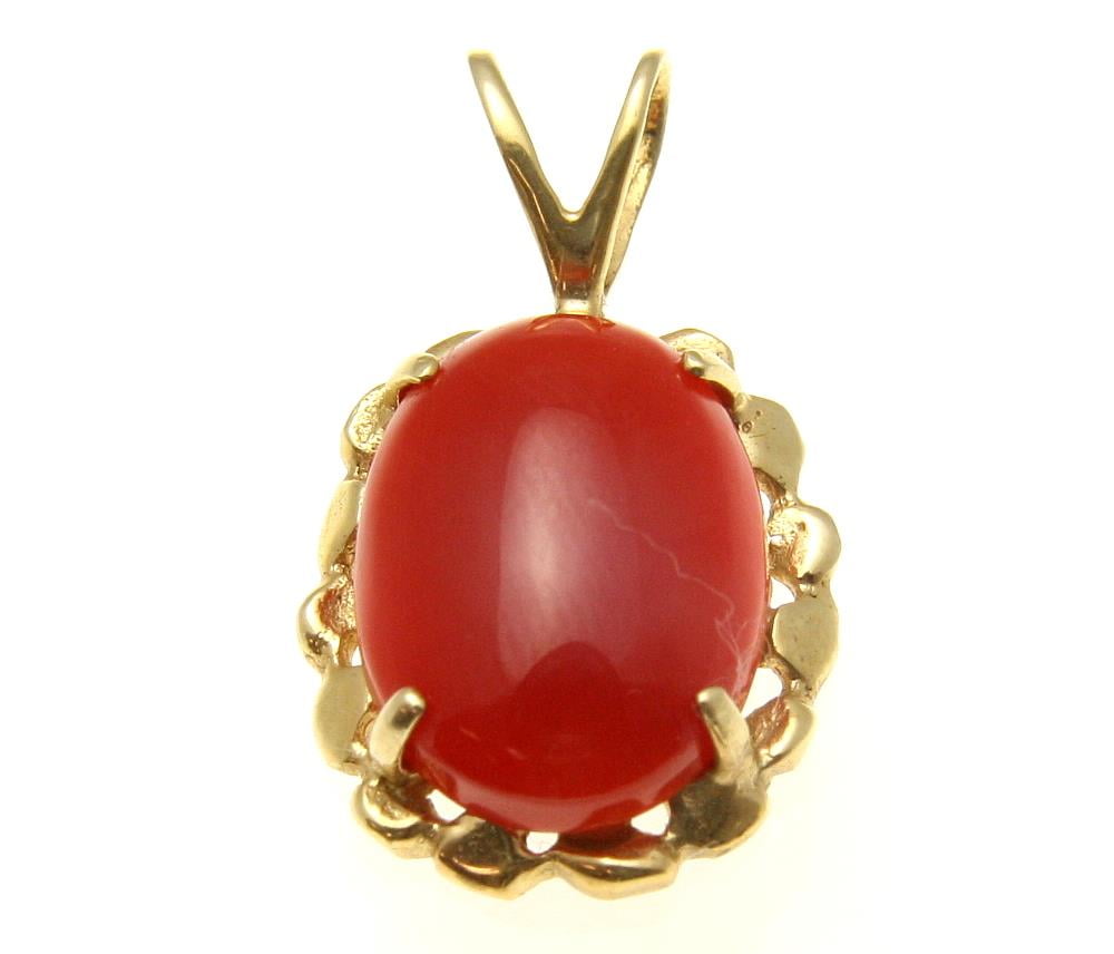 Geniune natural red coral pendant set in solid 14k yellow gold 14.5mm by