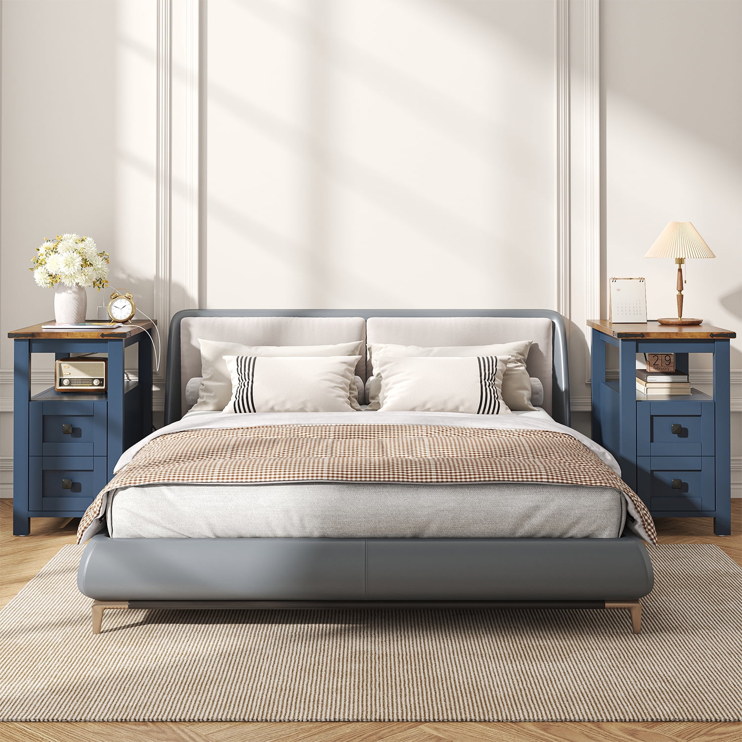 VVFLU Farmhouse End Table with Charging Station, Blue Nightstand Narrow, Skinny Slim Small, Bedroom