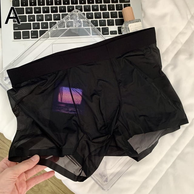 Mens Sexy Sheer Boxer Briefs Seamless See-through Ice Silk Underwear Ultra