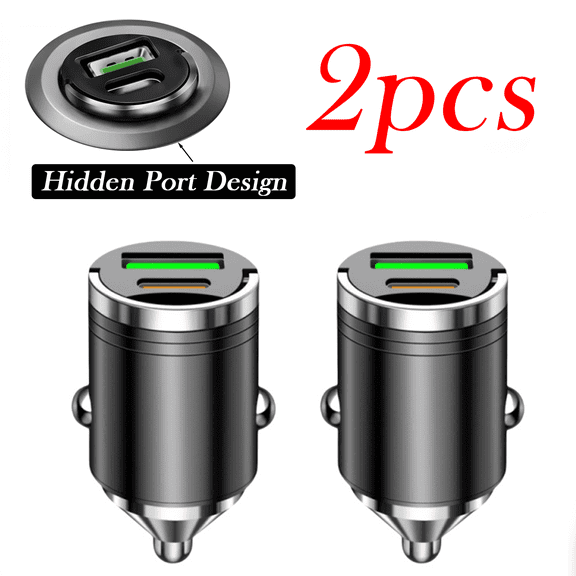 2Pcs 100W Mini Super Fast Car Charger Adapter - Dual Port USB A & Type C for iPhone Samsung Android, 12V/24V Vehicle Compatible