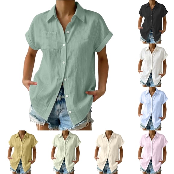 HCYSFG Womens Solid Color Shirt Notch Neck Button Front Short Sleeve Raglan Sleeve Relaxed Fit Lightweight Blouse Casual Tops