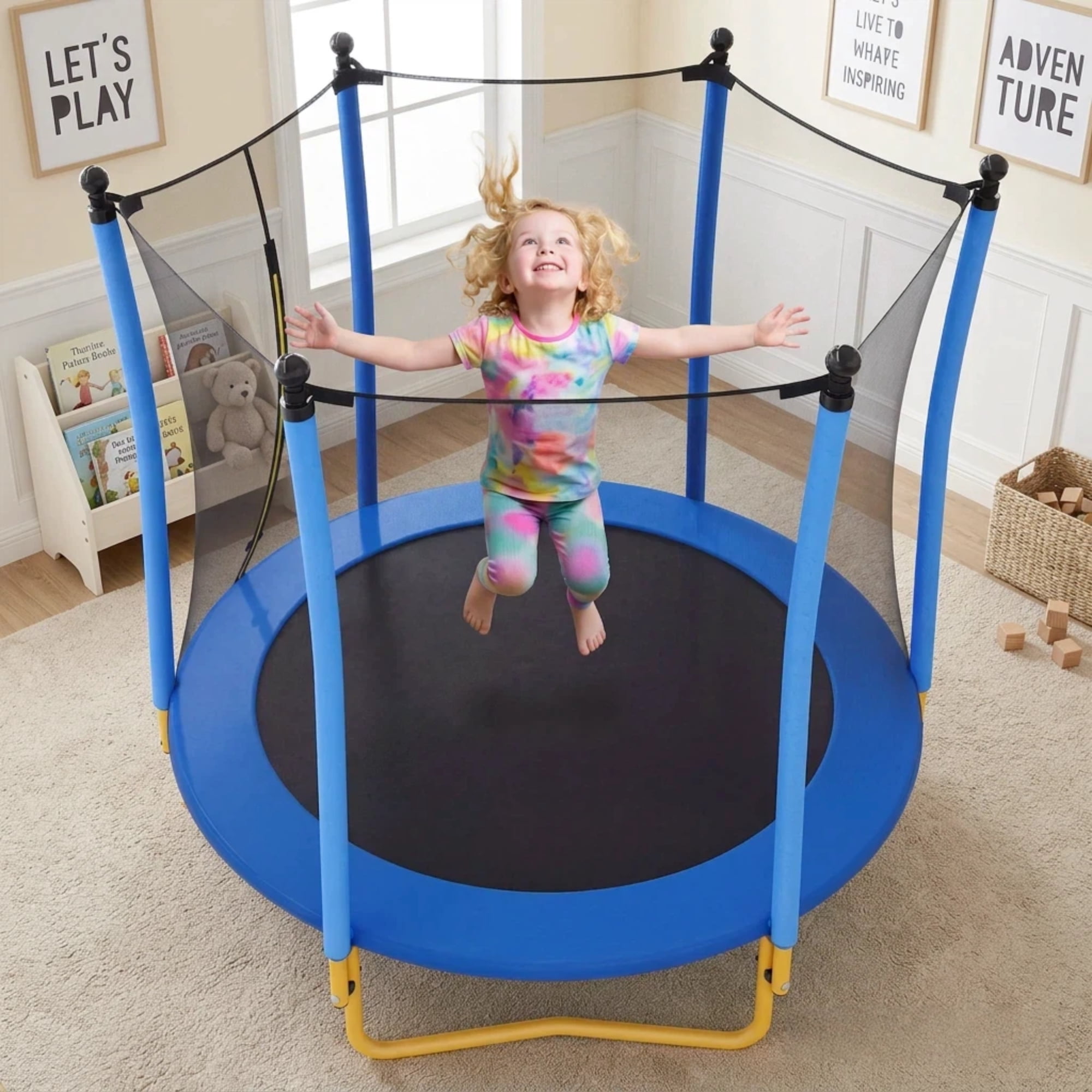 Arspjes 5.5 FT Trampoline for Kids,Indoor Outdoor Trampoline with Safety Enclosure Net,U-Shaped Stable Legs, Foam Padded Poles,Blue