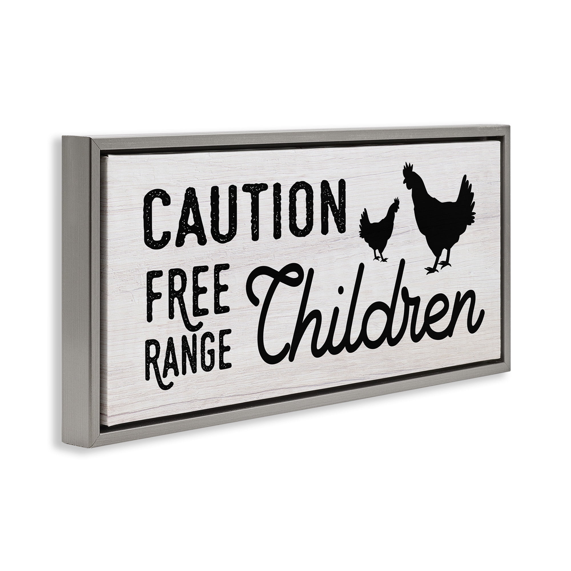 Stupell Industries Caution Free Range Children Animals & Insects Painting Gray Floater Framed Canvas Art Print Wall Art, 31 x 14