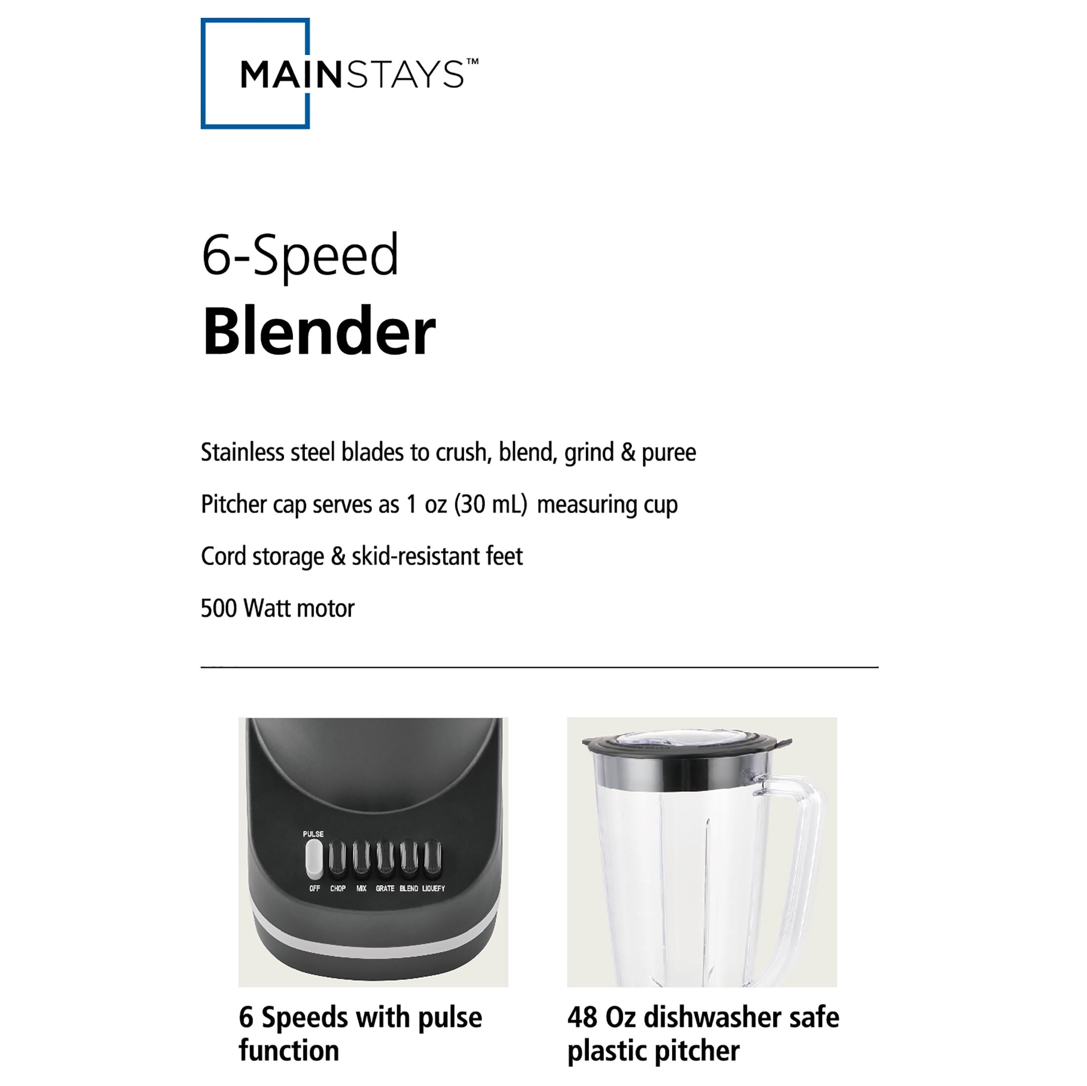 Mainstays 500 W 6-Speed Blender With 48 oz/1.5 L Jar , Black