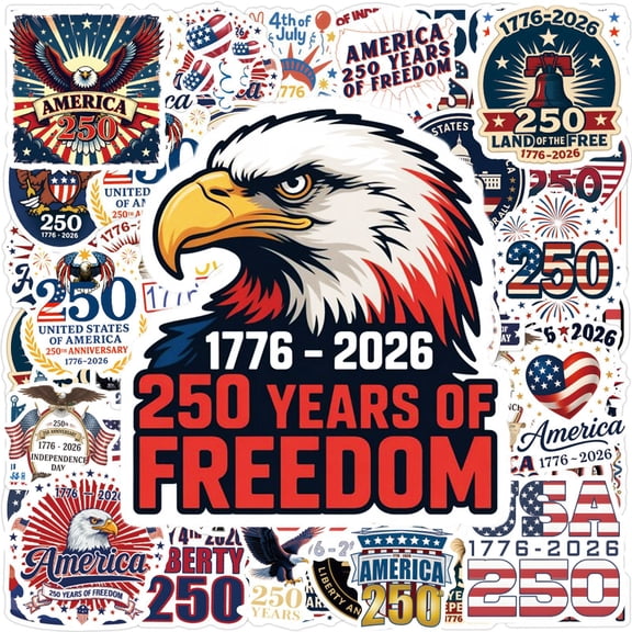 United States 250th Anniversary 1776 2026 Stickers 55Pcs, Retro American 250 Years Anniversary Patriotic Waterproof for Water Bottle Bumper Car Laptop