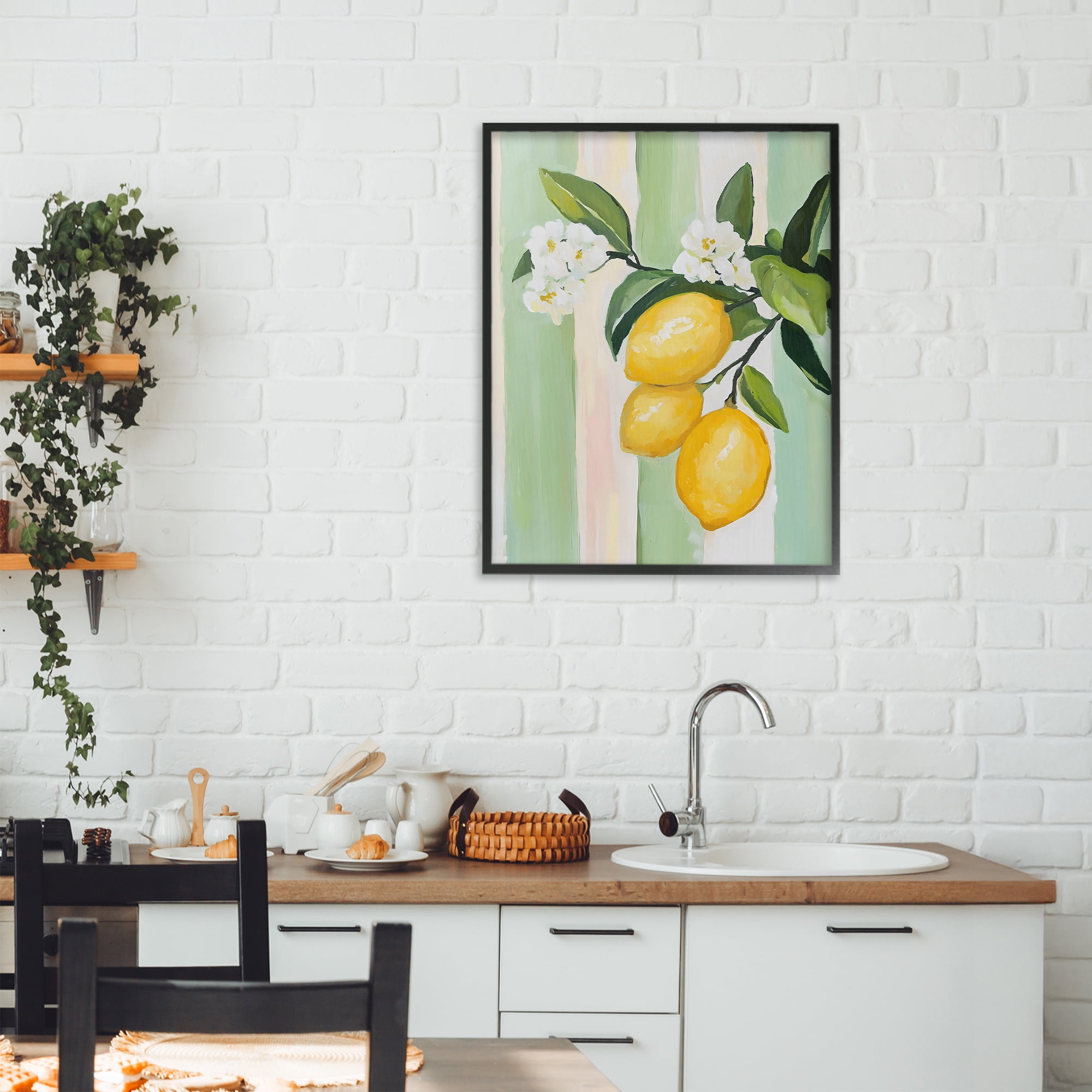Stupell Industries Lemons & Flowers on Stripes Black Framed Giclee Art, design by The Prints Vibe