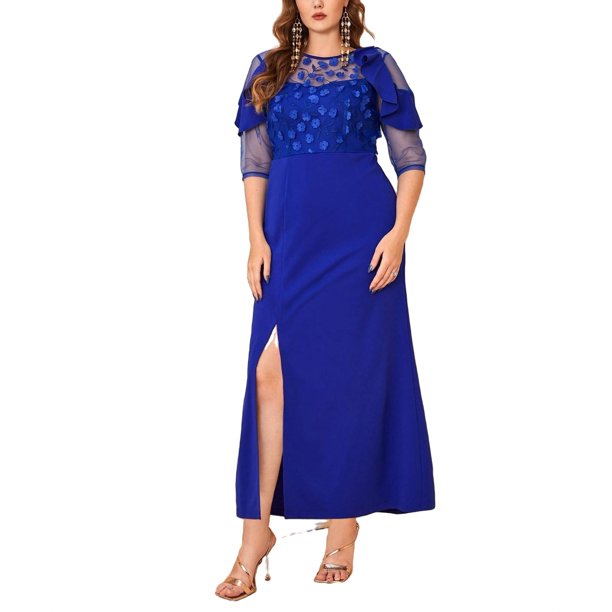 Elegant Solid Round Neck Fitted ElbowLength Royal Blue Plus Size