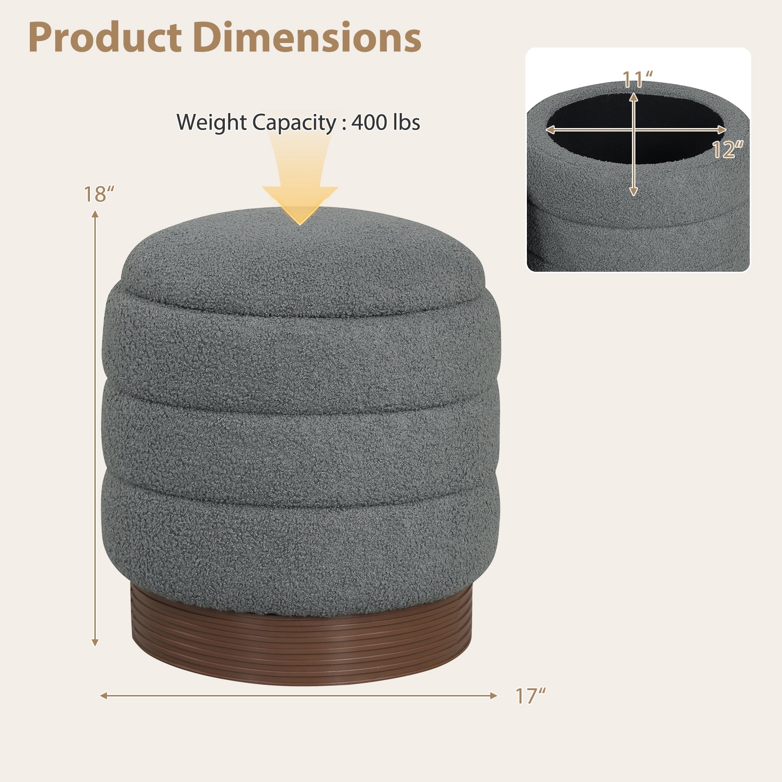Costway 360° Swivel Boucle Foot Rest with Hidden Storage, 400 Lbs Weight Capacity Footstool Gray and Brown