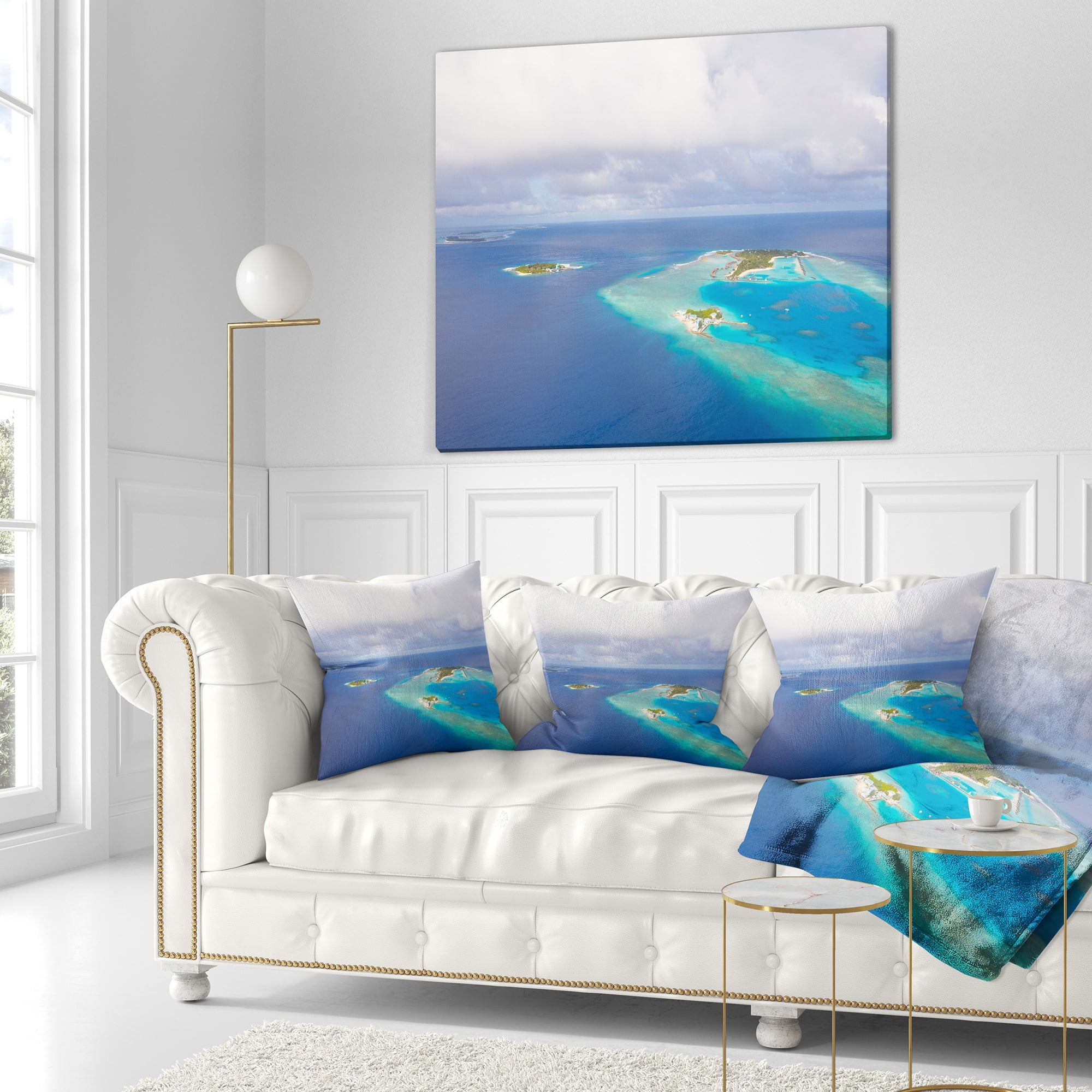 Designart Aerial View of Maldives Island - Modern Seascape Throw Pillow - 16x16
