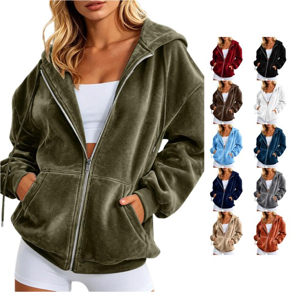 Trendfront Womens Plush Zip Up Hoodies Hooded Neck Long Balloon Sleeve Front Pockets Relaxed Fit Casual Lounge Sweatshirts