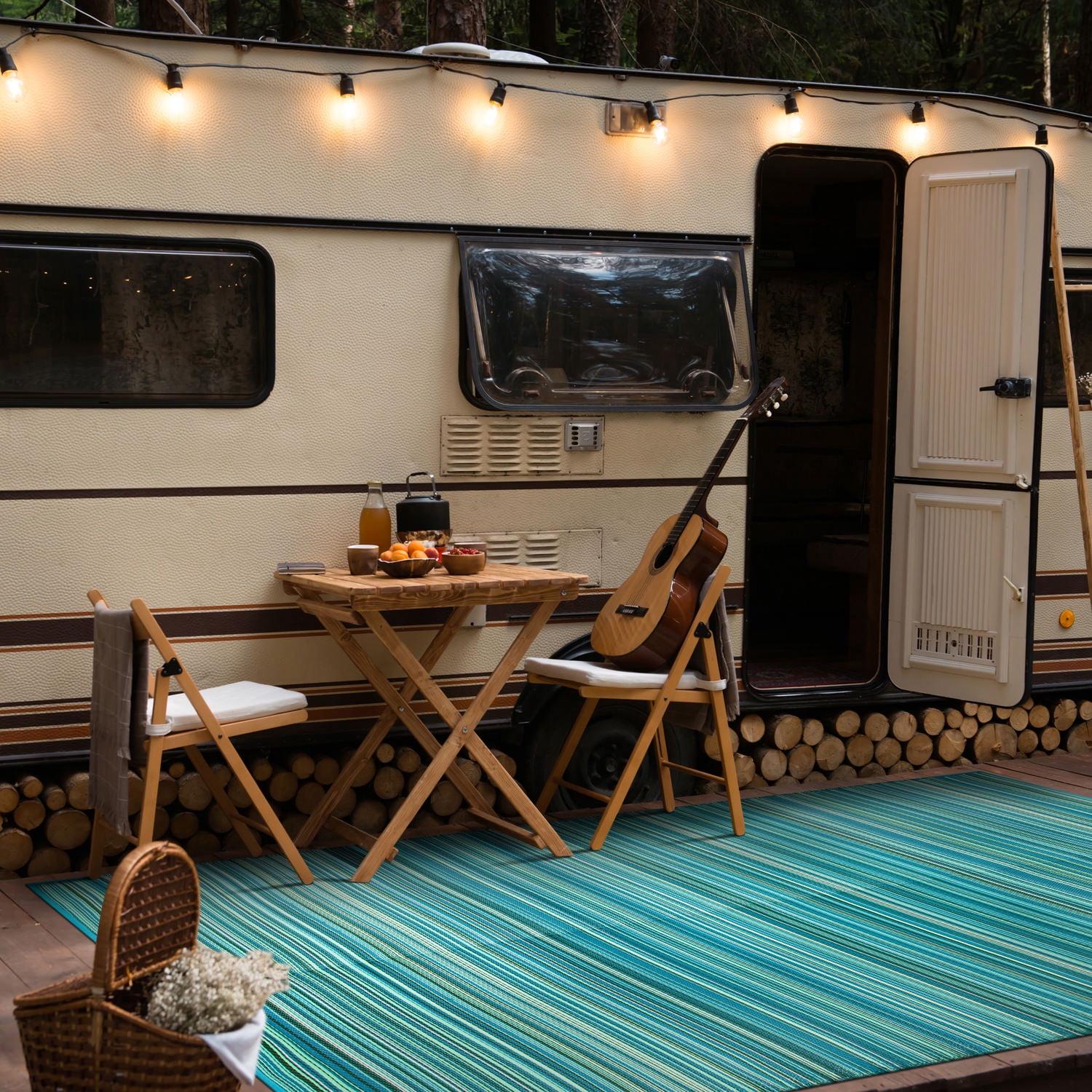 World Rug Gallery Contemporary Stripe Reversible Plastic Indoor and Outdoor Picnic Mat, Camping Rug, RV Rug - BLUE - 9'x18'