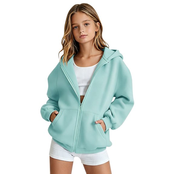 Ruyang Kids Zip Up Hoodie Long Sleeve Sweatshirt Solid Loose Fit Sweatshirt Jacket Trendy Windproof Coat Fall Winter Warm Outerwear