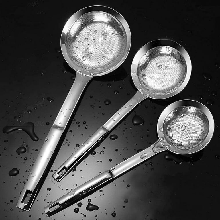  Upgrade Fine Mesh Strainer Spoon, 304 Stainless Steel Pot Fat  Strainer Food Strainer Kitchen Tools for Grease, Gravy and Foam, 3 Pack:  Home & Kitchen
