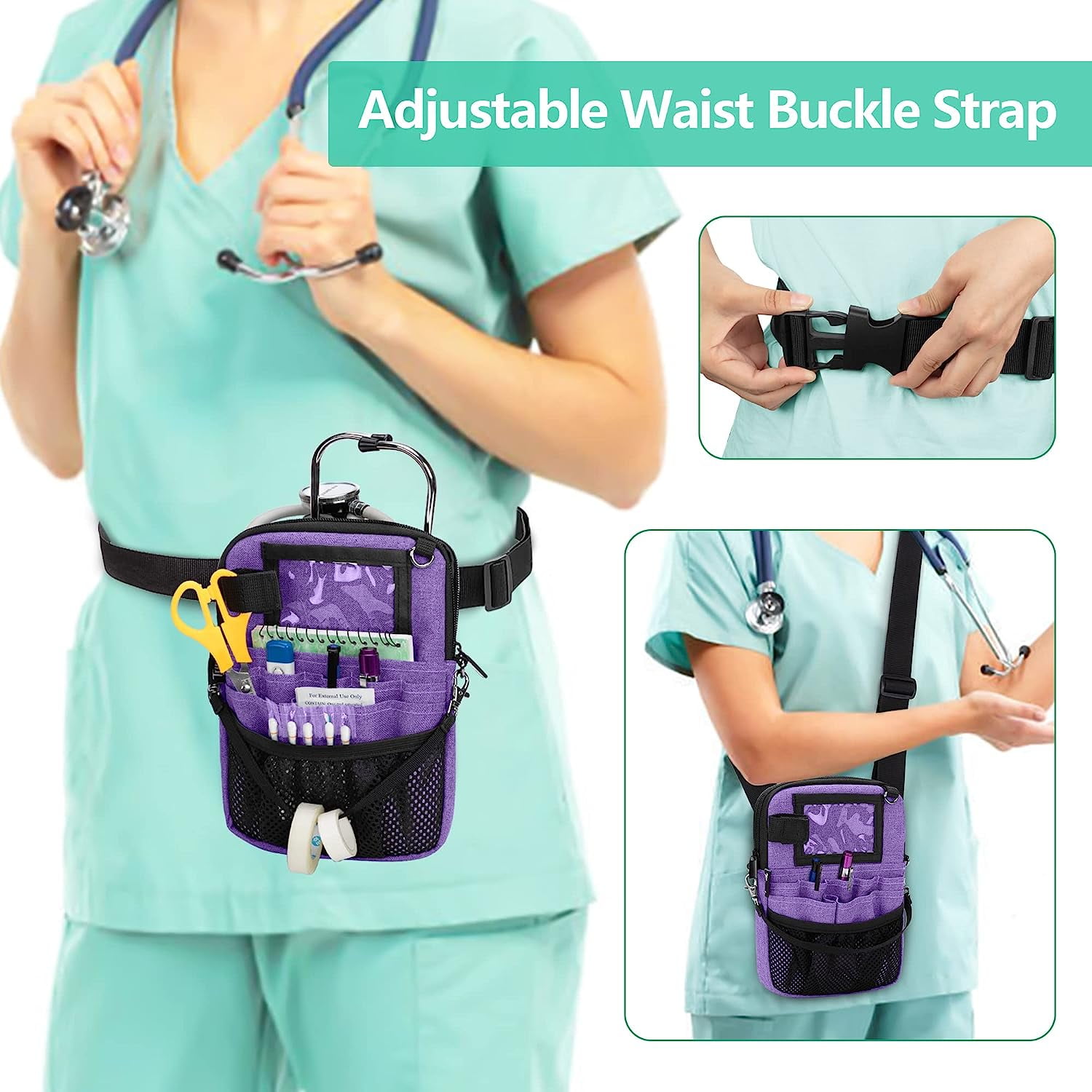SHAR Purple Nursing Belt Waist Bag Nurse Organizer Nurse Pouch with Multiple Compartments Adjustable Waist Strap Ideal for Nurse Kit Stethoscope