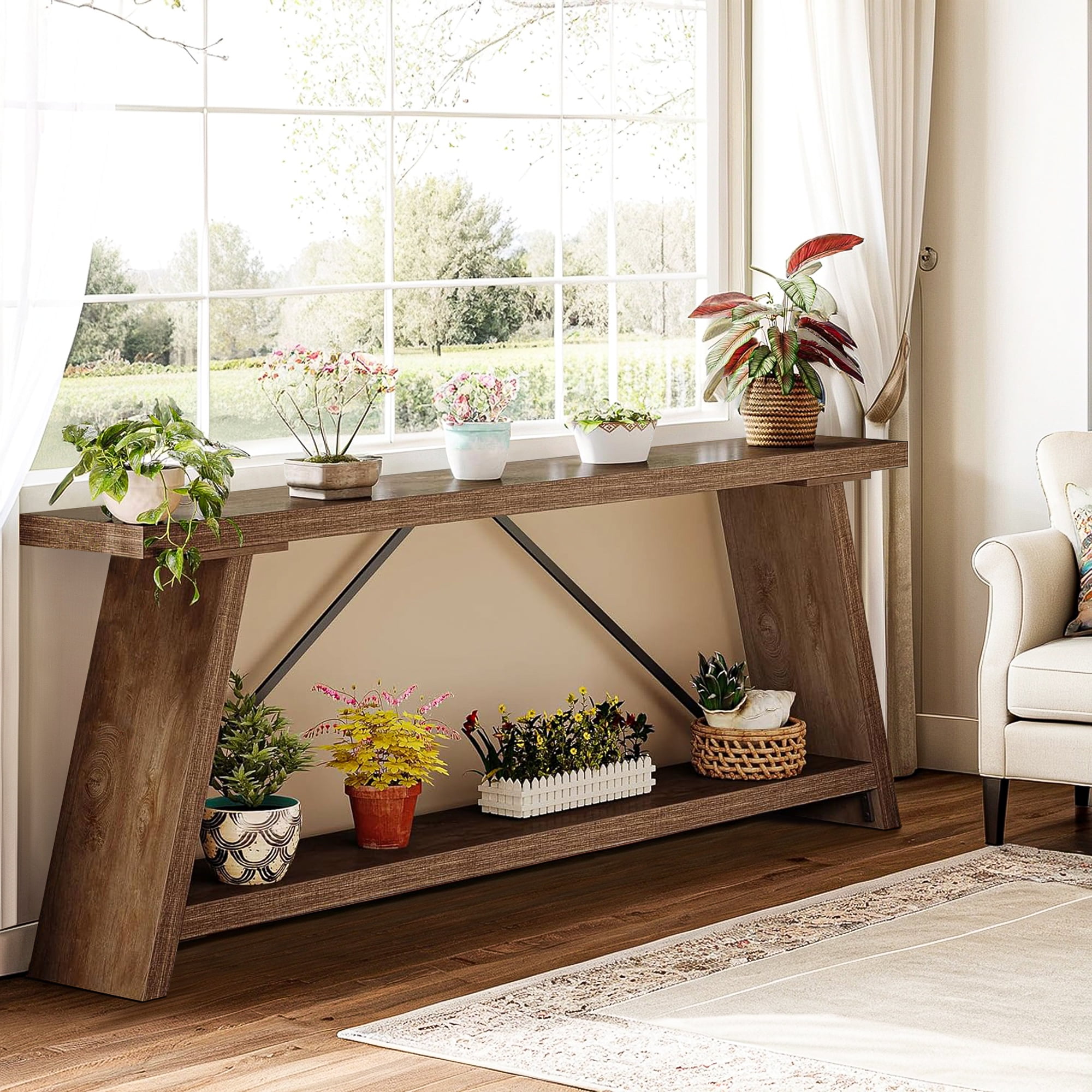 Demi Bonn 70.9" Console Table, Rustic Vintage Narrow Sofa Table for Entryway, Living Room, Hallway, Walnut