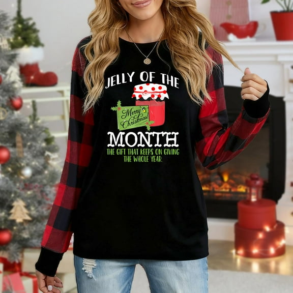 Women's Christmas Plaid Long Sleeve Top, "Jelly of the Month Merry Christmas Gift Festive Graphic" Casual Shirt