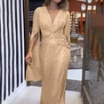 thumbnail image 3 of LYEAA Elegant Dresses for Women Long Sleeve V Neck Glitter Sequin Mesh Long Dress Flowy Dress Solid Color Evening Gown Cocktail Dress Fashion Dress Ruched Dress Beige S, 3 of 6